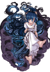 Rule 34 | 1girl, bangle, barefoot, blue eyes, blue hair, bow, bracelet, closed mouth, commentary request, crossed legs, debt, dress, floating hair, full body, hair bow, hair focus, highres, jewelry, long dress, long hair, long sleeves, looking to the side, smile, smoke, soles, solo, takeguchi kouhei, toes, touhou, sunken fossil world, very long hair, white background, white dress, yorigami shion