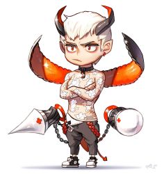 Rule 34 | 1boy, black horns, brown pants, crossed arms, earrings, glint, highres, horns, jewelry, male focus, multicolored horns, original, pants, pointy ears, red eyes, red horns, rinotuna, see-through, see-through shirt, shadow, shoes, short hair, simple background, solo, white background, white hair