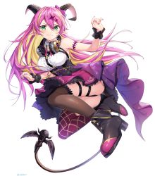 Rule 34 | 1girl, absurdres, akamoku, armband, ass, bare shoulders, blush, boots, breasts, chest harness, cloud, colored inner hair, commentary request, day, full body, green eyes, hair between eyes, harness, headphones, headphones around neck, high heel boots, high heels, highres, hololive, horns, large breasts, looking at viewer, mano aloe, multicolored hair, nail polish, outdoors, panties, pink hair, pointy ears, simple background, skirt, sleeveless, smile, solo, streaked hair, tail, thighhighs, underwear, virtual youtuber, white background, yellow eyes