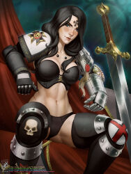 Rule 34 | 1girl, adeptus astartes, armor, armored boots, artist name, black bra, black hair, black panties, blue eyes, boots, bra, chair, closed mouth, death watch, forehead tattoo, gauntlets, highres, lips, muscular, muscular female, navel, panties, pauldrons, power armor, scar, scar on stomach, shoulder armor, sitting, skull ornament, smile, solo, space marine, stomach, sword, tattoo, themaestronoob, underwear, warhammer 40k, watermark, wax seal, weapon, web address