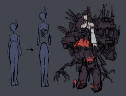 Rule 34 | 1girl, armor, bare shoulders, black armor, black hair, cannon, character sheet, claws, closed eyes, concept art, cyborg, detached sleeves, disembodied torso, extra arms, fusou (kancolle), grey background, hair ornament, hakama, hakama short skirt, hakama skirt, hose, japanese clothes, kantai collection, kimono, long hair, machinery, mast, mechanical arms, mechanical legs, mechanical parts, mechanical spine, nontraditional miko, pagoda, pale skin, red hakama, red skirt, red stripes, redesign, rigging, shion humine, shirt, sketch, skirt, solo, spine, turret, weapon, white kimono, white shirt, white sleeves