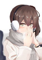 Rule 34 | 1boy, 1girl, admiral (kancolle), blush, brown eyes, brown hair, coat, commentary request, covering own mouth, earmuffs, grey scarf, hair between eyes, highres, jewelry, kaga (kancolle), kantai collection, long hair, looking at another, ninoude (ninoude44), ring, scarf, side ponytail, simple background, solo focus, watch, wedding band, white background, white coat, wristwatch