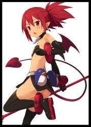Rule 34 | 1girl, ass, black gloves, boots, border, chestnut mouth, clenched hand, collar, demon girl, demon tail, demon wings, disgaea, earrings, elbow gloves, etna (disgaea), flat chest, gloves, jewelry, kinta (distortion), looking at viewer, looking back, open mouth, pointy ears, red eyes, red hair, skirt, skull earrings, solo, tail, thigh boots, thighhighs, twintails, white background, wings