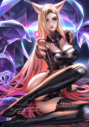 Rule 34 | 1girl, ahri (league of legends), animal ears, black panties, blonde hair, blue eyes, boots, breasts, cleavage, crystal tail, eyeshadow, facial mark, forehead, fox ears, hair ornament, hairclip, heart, high heel boots, high heels, highres, k/da (league of legends), large breasts, league of legends, liang xing, lips, long hair, looking at viewer, makeup, multiple tails, open mouth, panties, see-through, signature, sitting, solo, tail, the baddest ahri, thigh boots, thighhighs, underwear, watermark, web address, whisker markings