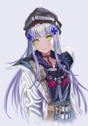 Rule 34 | 1girl, ammunition pouch, beanie, black headwear, clukay (neural cloud), cross hair ornament, girls&#039; frontline, girls&#039; frontline neural cloud, green eyes, grey hair, hair ornament, hat, highres, hk416 (girls&#039; frontline), jacket, long hair, looking at viewer, manah (artist), open clothes, open jacket, pouch, smile, tattoo, teardrop facial mark, teardrop tattoo, upper body, white background, white jacket