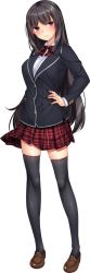Rule 34 | 1girl, arm behind back, black hair, black jacket, black thighhighs, blazer, blush, bow, bowtie, breasts, brown footwear, closed mouth, courreges ace, courregesa, dress shirt, frown, full body, hands on own hips, highres, hinasaki you, jacket, kyouhaku yuutousei shimai, large breasts, loafers, long hair, long sleeves, looking at viewer, mazaki aoi, miniskirt, official art, plaid, plaid bow, plaid bowtie, plaid neckwear, plaid skirt, pleated skirt, red bow, red bowtie, red eyes, red skirt, school uniform, shirt, shoes, simple background, skindentation, skirt, solo, standing, tachi-e, thighhighs, white background, white shirt, wing collar, zettai ryouiki
