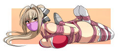Rule 34 | 10s, 1girl, amagi brilliant park, antenna hair, arms behind back, ass, bdsm, bikini, bondage, bound, bow, breast press, breasts, cleavage, cloth gag, gag, gagged, hair bow, highres, hogtie, improvised gag, jam-orbital, large breasts, long hair, looking at viewer, lying, no shoes, on stomach, over the mouth gag, over the nose gag, ponytail, red bikini, red eyes, reverse prayer, rope, sento isuzu, skindentation, solo, swimsuit, thighhighs, white thighhighs