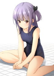 Rule 34 | 1girl, bare arms, bare legs, bare shoulders, barefoot, blue one-piece swimsuit, breasts, brown eyes, closed mouth, collarbone, commentary request, highres, looking at viewer, old school swimsuit, one-piece swimsuit, one side up, original, purple hair, school swimsuit, shibacha, sidelocks, simple background, sitting, small breasts, solo, swimsuit, tile floor, tiles, v-shaped eyebrows, white background