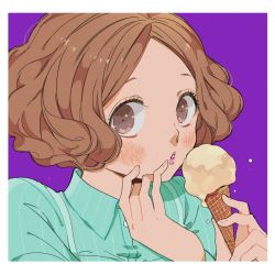 Rule 34 | 1girl, aqua dress, arms up, blue dress, blush, border, brown hair, collar, collared dress, curly hair, dress, food, hands up, holding, holding food, ice cream, ivxxx, light brown hair, looking to the side, okumura haru, open mouth, parted lips, persona, persona 5, purple background, short hair, simple background, solo, teeth, white border