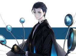 Rule 34 | 1boy, black bow, black bowtie, black gloves, black hair, black jacket, blue background, bow, bowtie, closed mouth, commentary request, fate/grand order, fate (series), formal, gloves, green eyes, hair slicked back, highres, holding, holding smoking pipe, jacket, long sleeves, looking at viewer, magnifying glass, male focus, multicolored background, sherlock holmes (fate), shirt, short hair, smile, smoking pipe, solo, suit, to0folder80, two-tone background, upper body, white background, white shirt