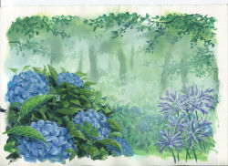Rule 34 | blue flower, border, day, flower, forest, highres, hydrangea, nature, no humans, original, outdoors, sawitou mizuki, scenery, traditional media, white border