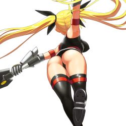 Rule 34 | 00s, 1girl, armband, armpits, ass, bad id, bad pixiv id, bardiche (nanoha), black thighhighs, blight essence, blonde hair, boots, bow, breasts, fate testarossa, fate testarossa (true sonic form), from behind, gauntlets, hair bow, large breasts, long hair, lyrical nanoha, mahou shoujo lyrical nanoha, simple background, solo, thigh boots, thighhighs, twintails, weapon, white background