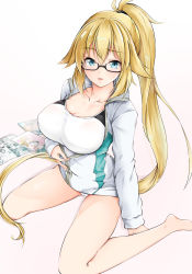 Rule 34 | 1girl, bare legs, blonde hair, blue eyes, breasts, cleavage, collarbone, commentary request, competition swimsuit, fate/grand order, fate (series), glasses, gradient background, highres, impossible clothes, impossible swimsuit, jacket, jeanne d&#039;arc (fate), jeanne d&#039;arc (ruler) (fate), jeanne d&#039;arc (swimsuit archer) (fate), jeanne d&#039;arc (swimsuit archer) (second ascension) (fate), large breasts, long hair, looking at viewer, manga (object), one-piece swimsuit, parted lips, ponytail, semi-rimless eyewear, sezok, simple background, sitting, solo, spread legs, swimsuit, unzipped, unzipping, very long hair, wariza