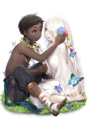 Rule 34 | 1boy, 1girl, ankle wrap, barefoot, black hair, blue eyes, bug, butterfly, colored skin, commentary, couple, dark-skinned male, dark skin, dress, eye contact, eyes visible through hair, flower, flower wreath, grass, hair flower, hair ornament, insect, interracial, jewelry, long hair, looking at another, masami chie, original, pale skin, puffy pants, purple eyes, see-through, sitting, very long hair, white dress, white hair, white skin