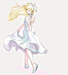 Rule 34 | 1girl, blonde hair, character request, dress, flower, full body, gensou suikoden, gensou suikoden i, hair flower, hair ornament, long hair, mina (suikoden), open mouth, petopise1, simple background, smile, solo, white background, white dress, white flower