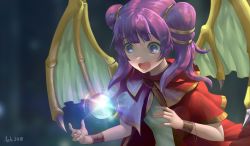 Rule 34 | 1girl, aztodeus, aztodio, dragon wings, fire emblem, fire emblem: the sacred stones, fire emblem heroes, highres, long hair, multi-tied hair, myrrh (fire emblem), nintendo, open mouth, orb, purple hair, red eyes, solo, twintails, wings, wristband