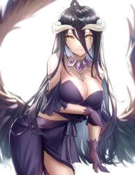 Rule 34 | 1girl, ahoge, albedo (overlord), black hair, black sleeves, black wings, blurry, blurry background, boa sorte, breasts, cleavage, closed mouth, demon girl, detached sleeves, dress, feathered wings, front slit, gloves, grey gloves, grey skirt, hair between eyes, highres, horns, large breasts, long hair, looking at viewer, overlord (maruyama), short dress, skirt, smile, solo, stomach, strapless, very long hair, white background, wings, yellow eyes
