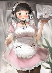Rule 34 | 1girl, alternate costume, apron, black hair, black ribbon, black thighhighs, blush, brown eyes, collarbone, cowboy shot, cup, dress, enmaided, frilled apron, frilled dress, frills, highres, holding, holding tray, kantai collection, maid, maid apron, myoukou (kancolle), open mouth, pink dress, ribbon, short hair, short sleeves, solo, thighhighs, toka (marchlizard), tray, white apron