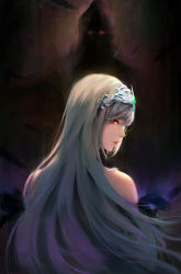 Rule 34 | 1girl, 1other, bare shoulders, circlet, feathers, from behind, glowing, glowing eyes, highres, hood, kyori, long hair, looking back, original, parted lips, profile, red eyes, silver hair