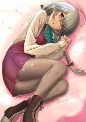 Rule 34 | 1girl, ahoge, black ribbon, blue bow, blue bowtie, blush, boots, bow, bowtie, braid, brown eyes, dated, dress, gradient background, grey hair, grey pantyhose, hair over eyes, hair ribbon, hamanami (kancolle), kantai collection, long hair, long sleeves, looking at viewer, lying, moke ro, on back, open mouth, panties, pantyhose, pantyshot, pleated dress, purple dress, ribbon, school uniform, shirt, single braid, solo, underwear, white shirt