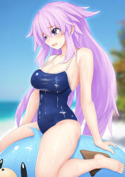 Rule 34 | 1girl, :d, adult neptune, arm behind back, bare legs, bare shoulders, barefoot, beach, blush, breasts, cleavage, covered navel, day, dogoo, from side, highres, katade, leg up, legs, legs apart, long hair, looking down, medium breasts, neptune (series), no hair ornament, one-piece swimsuit, open mouth, outdoors, purple eyes, purple hair, sitting on animal, skin tight, smile, solo, spread legs, straddling, swimsuit, thighs, very long hair, water drop, wet, wet clothes, wet hair, wet swimsuit