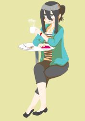 Rule 34 | 1girl, absurdres, black hair, cellphone, cocoa fuumi, crossed legs, cup, full body, hair between eyes, highres, jewelry, jitome, necklace, office lady, original, pants, phone, rinko-san (cocoa fuumi), shirt, sidelocks, simple background, sitting, solo, striped clothes, striped shirt, updo, watch, wristwatch