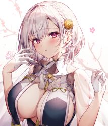 Rule 34 | 1girl, azur lane, braid, breast curtains, breasts, cleavage, flower, french braid, gloves, hair flower, hair ornament, half gloves, hands up, highres, komeshiro kasu, large breasts, looking at viewer, no bra, official alternate costume, parted lips, pink eyes, see-through, short hair, sidelocks, sirius (azur lane), sirius (azure horizons) (azur lane), solo, upper body, white gloves, white hair