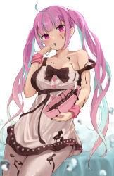 Rule 34 | 1girl, absurdres, ahoge, alternate costume, alternate hairstyle, bad id, bad pixiv id, bare arms, bare shoulders, black nails, blue hair, blunt bangs, blush, bowl, braid, breasts, chocolate, chocolate on body, chocolate on breasts, chocolate on face, contrapposto, cooking, cowboy shot, dress, fingernails, food, food on body, food on face, french braid, highres, hitsujisnow, holding, holding bowl, hololive, large breasts, long hair, looking at viewer, minato aqua, multicolored hair, nail polish, pantyhose, purple eyes, purple hair, sash, short dress, sidelocks, sleeveless, sleeveless dress, solo, strap slip, streaked hair, sweatband, twintails, two-tone hair, valentine, virtual youtuber, white dress, white pantyhose