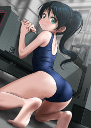 Rule 34 | 1girl, ass, barefoot, black hair, blue one-piece swimsuit, blush, check weapon, child, commentary request, dutch angle, from behind, from below, frown, full body, green eyes, highres, kneeling, long hair, looking at viewer, looking back, looking down, magnetic weapon, one-piece swimsuit, original, own hands clasped, own hands together, ponytail, railgun, rohitsuka, school swimsuit, school uniform, signature, soles, solo, swimsuit