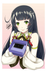 Rule 34 | 10s, 1girl, artist name, bare shoulders, black hair, box, cellphone, cupping hands, darkmaya, dated, detached sleeves, green eyes, hair ornament, hair tubes, japanese clothes, kantai collection, kimono, lips, long hair, mizuho (kancolle), object on breast, own hands together, phone, sidelocks, signature, smartphone, smile, solo, tawawa challenge, upper body