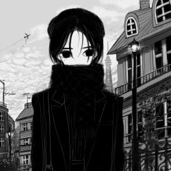 Rule 34 | 1girl, aircraft, airplane, bomb, cloud, cloudy sky, coat, explosive, greyscale, hat, highres, lamppost, looking at viewer, monochrome, narue, original, scarf, short hair, sky, solo, tower, when you see it
