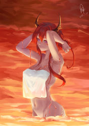 Rule 34 | 1girl, absurdres, arknights, armpits, arms up, breasts, chinese commentary, closed mouth, collarbone, commentary request, covering privates, cy9, dated, demon horns, groin, highres, horns, large breasts, long hair, lava, navel, nude, nude cover, purple eyes, red hair, signature, slit pupils, smile, solo, surtr (arknights), towel, tying hair, upper body