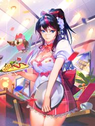 Rule 34 | 1girl, apron, bird, black hair, blue eyes, blush, breasts, cleavage, coffee cup, cup, disposable cup, dress, flower, hair flower, hair ornament, hair ribbon, highres, holding, holding plate, houseplant, isaac hein iii, large breasts, looking at viewer, medium breasts, multicolored hair, pink hair, plate, ribbon, short dress, short sleeves, solo