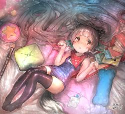 Rule 34 | 10s, 1girl, :o, animal collar, animal ears, backpack, bag, ball, bed sheet, black thighhighs, blue one-piece swimsuit, blunt bangs, blush, book, brown eyes, brown hair, collar, colored eyelashes, cushion, dog ears, dog tail, flute, full body, grey hair, hair ribbon, hakozaki serika, hunakaka (you2662eternity), idolmaster, idolmaster million live!, instrument, kemonomimi mode, legs together, light particles, long hair, looking at viewer, lying, neckerchief, no shoes, nose blush, old school swimsuit, on back, on bed, one-piece swimsuit, open bag, paw pose, pillow, randoseru, recorder, ribbon, school swimsuit, signature, solo, spiked collar, spikes, swimsuit, tail, tareme, tennis ball, thighhighs, twintails, unworn backpack, unworn bag, very long hair