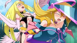 Rule 34 | 1futa, 1girl, bare shoulders, blonde hair, blush, breasts, choker, claws, commission, dark magician girl, doggystyle, drooling, duel monster, feathered wings, feathers, futa with female, futanari, green eyes, hair between eyes, hair ornament, harpie girl (yu-gi-oh!), harpy, hat, heart, heart hair ornament, large breasts, long hair, medium breasts, mizutenka, monster girl, open mouth, pentacle, pink feathers, pink wings, sex, sex from behind, skeb commission, winged arms, wings, wizard hat, yu-gi-oh!
