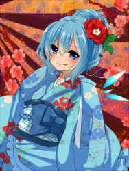 Rule 34 | 1girl, :q, alternate hairstyle, blue eyes, blue hair, camellia, cirno, flower, hair flower, hair ornament, highres, japanese clothes, kimono, matching hair/eyes, negiko, solo, tongue, tongue out, touhou