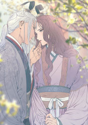 Rule 34 | 1boy, 1girl, blurry, branch, brown hair, bun cover, chinese clothes, clothes grab, couple, day, depth of field, eye contact, face-to-face, finger to another&#039;s mouth, grey hair, half updo, hand up, hanfu, hetero, imminent kiss, juuni kokuki, king tai (juuni kokuki), kyusui polymer, lipstick, long hair, long sleeves, looking at another, looking away, low ponytail, makeup, parted lips, pink robe, ponytail, risai (juuni kokuki), robe, sash, sidelocks, upper body, wide sleeves