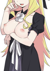 Rule 34 | 1girl, black dress, blonde hair, breasts, dress, fangs, head out of frame, highres, long hair, mai vlad transylvania, medium breasts, morisobo, nipples, open mouth, puffy short sleeves, puffy sleeves, short sleeves, simple background, smile, solo, teeth, upper teeth only, vlad love, white background