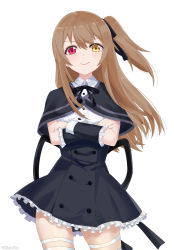 Rule 34 | 1girl, assault lily, black capelet, black ribbon, black skirt, brown hair, buttons, capelet, closed mouth, collared shirt, commentary request, detached sleeves, dress shirt, feza chen (ushaku), frilled skirt, frills, hair between eyes, hair ribbon, heterochromia, highres, kuo shenlin, light brown hair, long hair, looking at viewer, neck ribbon, red eyes, ribbon, shirt, side ponytail, skirt, smile, solo, thighs, white background, white shirt, yellow eyes