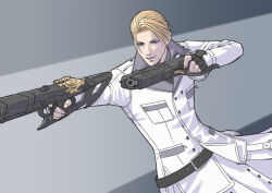 Rule 34 | 1boy, belt, black belt, black gloves, blonde hair, collared shirt, dual wielding, fighting stance, final fantasy, final fantasy vii, final fantasy vii remake, fingerless gloves, gloves, grey background, grey shirt, gun, highres, holding, holding gun, holding weapon, jacket, long jacket, long sleeves, male focus, open mouth, parted bangs, rufus shinra, sd supa, shirt, short hair, smile, solo, weapon, white jacket