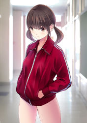 Rule 34 | 1girl, bad id, bad nicoseiga id, bottomless, brown eyes, brown hair, chikuwa (glossymmmk), chikuwa (odennabe), gym uniform, hands in pockets, jacket, looking at viewer, naked jacket, short twintails, solo, thighs, track jacket, twintails