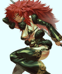 Rule 34 | 1girl, arm up, bare shoulders, belt, bikini, bikini top only, breasts, chyko7080, cleavage, commentary request, detached pants, detached sleeves, fur trim, holding, holding weapon, long hair, looking at viewer, original, polearm, red hair, simple background, smile, solo, spiked hair, swimsuit, very long hair, weapon, yellow eyes