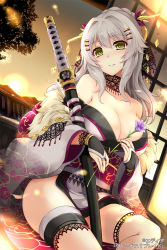 Rule 34 | 1girl, bare shoulders, blush, braid, breasts, bridal gauntlets, cleavage, copyright name, dutch angle, floral print, flower, green eyes, grey hair, hair ornament, hairclip, head tilt, hisen kaede, holding, japanese clothes, kikyou-0423, kimono, lace, large breasts, light particles, long hair, off shoulder, official art, ootachi, parted lips, sheath, sheathed, sitting, solo, sun, sunset, sword, thigh strap, venus blade, weapon, window