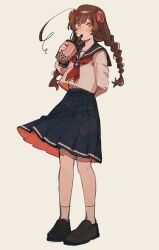 Rule 34 | 1girl, ahoge, alternate hairstyle, arm behind back, axis powers hetalia, blue sailor collar, blue skirt, braid, brown hair, bubble tea, cup, disposable cup, drink, drinking, drinking straw, drinking straw in mouth, floating clothes, flower, full body, hair flower, hair ornament, hand up, highres, holding, holding cup, holding drink, loafers, long hair, mi kan1609, midriff peek, pigeon-toed, pink flower, pleated skirt, red scarf, republic of china flag, sailor collar, scarf, school uniform, serafuku, shoes, simple background, skirt, socks, solo, taiwan (hetalia), twin braids, twintails, two-sided fabric, two-sided skirt, white background, white socks, yellow eyes