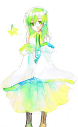 Rule 34 | 1girl, bad id, bad pixiv id, blue skirt, boots, brown footwear, cross-laced footwear, detached sleeves, female focus, frog hair ornament, green eyes, green hair, hair ornament, japanese clothes, knee boots, kochiya sanae, long sleeves, looking at viewer, matching hair/eyes, miko, nontraditional miko, simple background, skirt, snake hair ornament, solo, star (symbol), tadano kagekichi, touhou, vest, white background, wide sleeves