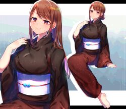 Rule 34 | 1girl, akirannu, barefoot, black kimono, blush, brown hair, closed mouth, full body, hand up, highres, invisible chair, japanese clothes, kimono, letterboxed, long hair, long sleeves, looking at viewer, multiple views, obi, obijime, orange eyes, original, outside border, sash, sidelocks, sitting, smile, variations, wide sleeves, zoom layer