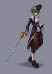 Rule 34 | androgynous, ascot, bad id, bad pixiv id, blue eyes, frills, full body, gender request, gloves, green hair, hat, khell, long sleeves, mini hat, mini top hat, original, pants, rapier, sheath, shoes, short hair, simple background, solo, sword, top hat, weapon, white gloves