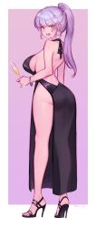 Rule 34 | 1girl, absurdres, backless dress, backless outfit, black dress, blush, breasts, champagne flute, cup, dress, drinking glass, earrings, eonsang, evening gown, facial mark, full body, girls&#039; frontline, green eyes, hair ornament, high heels, highres, hk416 (girls&#039; frontline), holding, holding cup, jewelry, large breasts, long hair, looking at viewer, open mouth, ponytail, see-through, see-through dress, silver hair, solo, standing