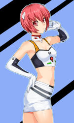 Rule 34 | 1girl, ayanami rei (cosplay), bad id, bad pixiv id, blush, breasts, cosplay, detached collar, elbow gloves, gloves, kamia (not found), kasuga aya, looking at viewer, midriff, neon genesis evangelion, original, race queen, red eyes, red hair, short hair, small breasts, solo