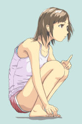 Rule 34 | 1girl, barefoot, blue background, brown eyes, brown hair, collarbone, hands on feet, looking to the side, simple background, solo, solvalou, squatting, tank top, thighs